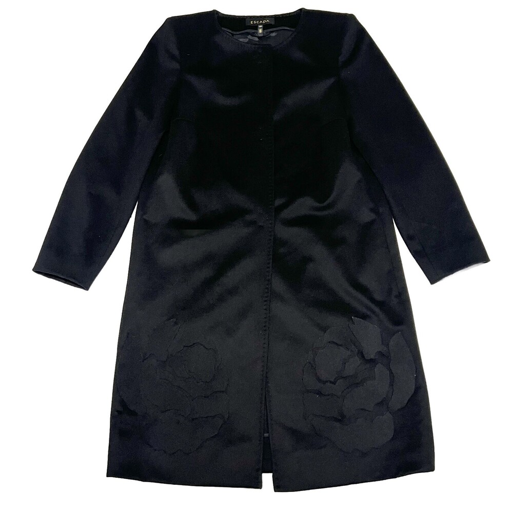 Escada Black Wool Cashmere Blend Long Coat with Floral Embroidery Size 34